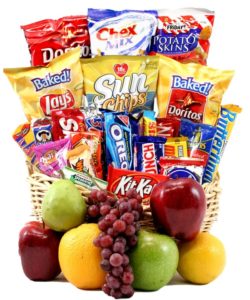 Classic snack gift basket with fruit and chips and candy