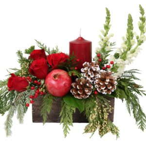 apple pine cones and red and green florals in box