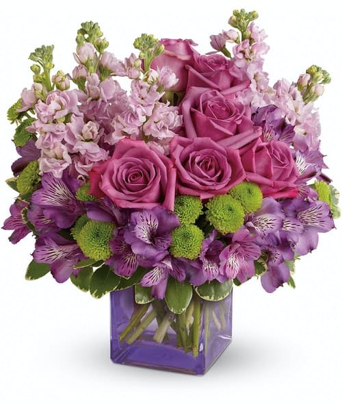 Hand-delivered in a chic lavender cube, this marvelous mix of jewel toned blooms is a touching way to celebrate someone special on their birthday or any day.